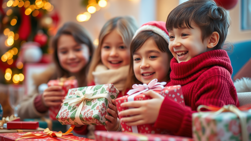Image générée par l'intelligence artificielle montrant des enfants souriants recevant un cadeau de Noël.