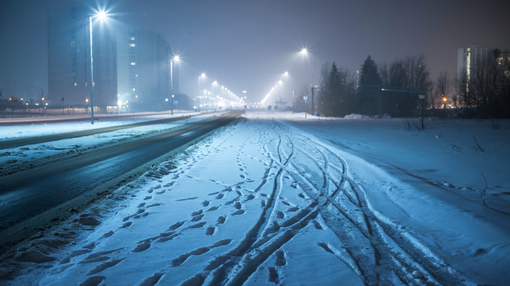 Une route avec des traces de pneus de vélo, en soirée.