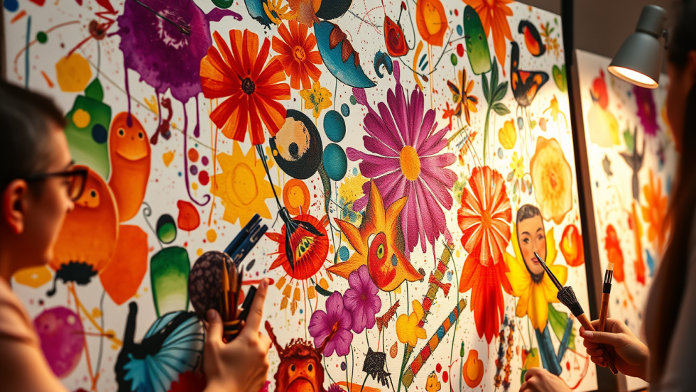 Image générée par l'intelligence artificielle montrant deux artistes travaillant sur une peinture de fleurs.