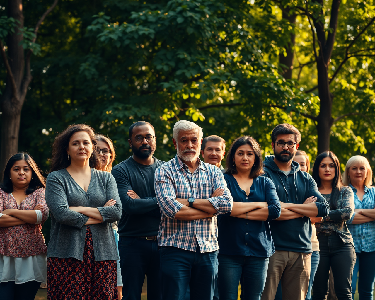 Image générée par l'intelligence artificielle montrant un groupe d'individus les bras croisés devant une forêt.