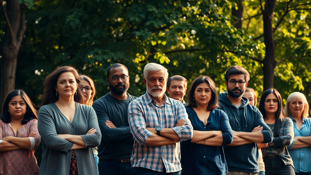 Image générée par l'intelligence artificielle montrant un groupe d'individus les bras croisés devant une forêt.