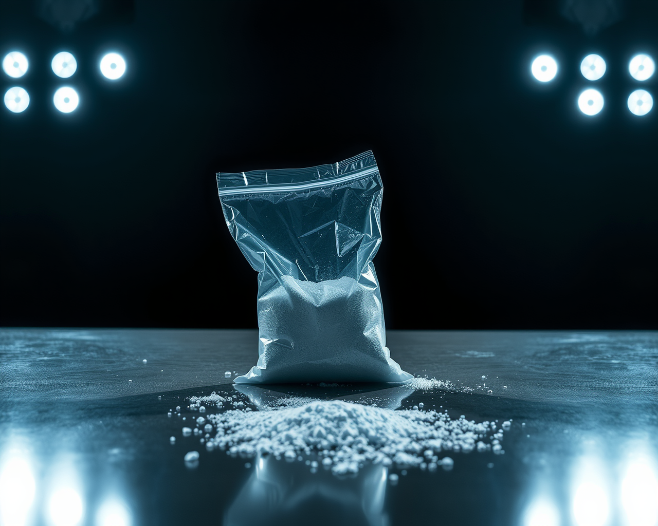 Un grand sac remplit de cocaïne sur une table autrement vide.