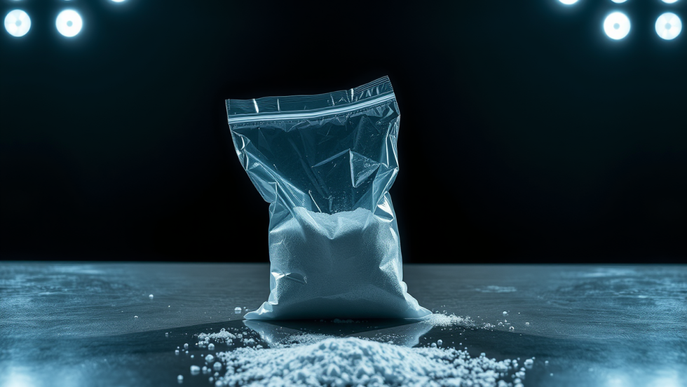 Un grand sac remplit de cocaïne sur une table autrement vide.