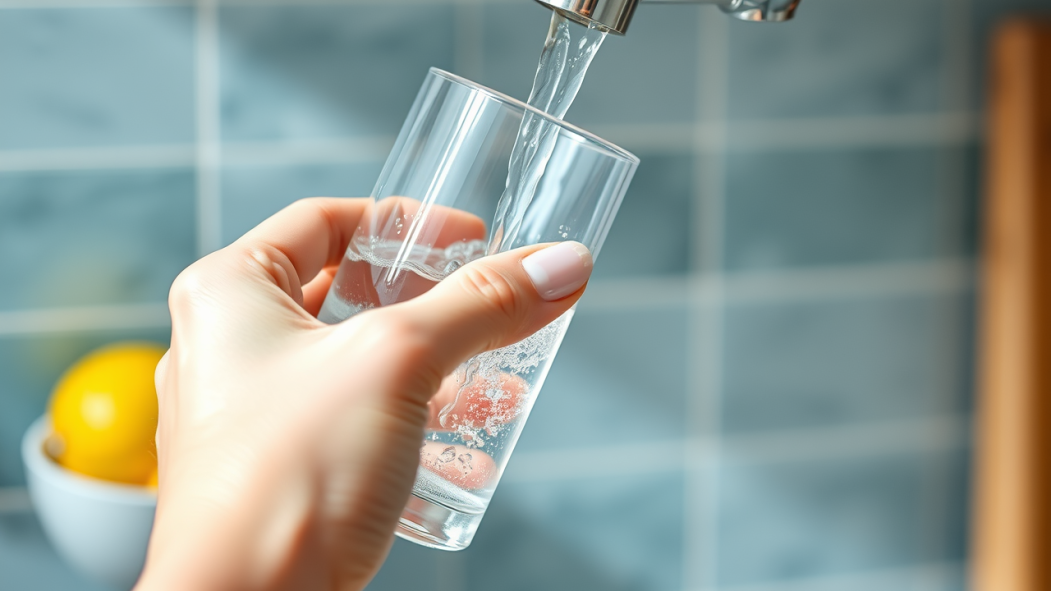 une femme remplit un verre d'eau.