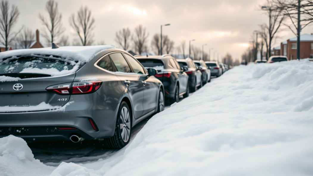 Image générée par l'intelligence artificielle montrant des véhicules stationnés en bordure de rue en hiver.