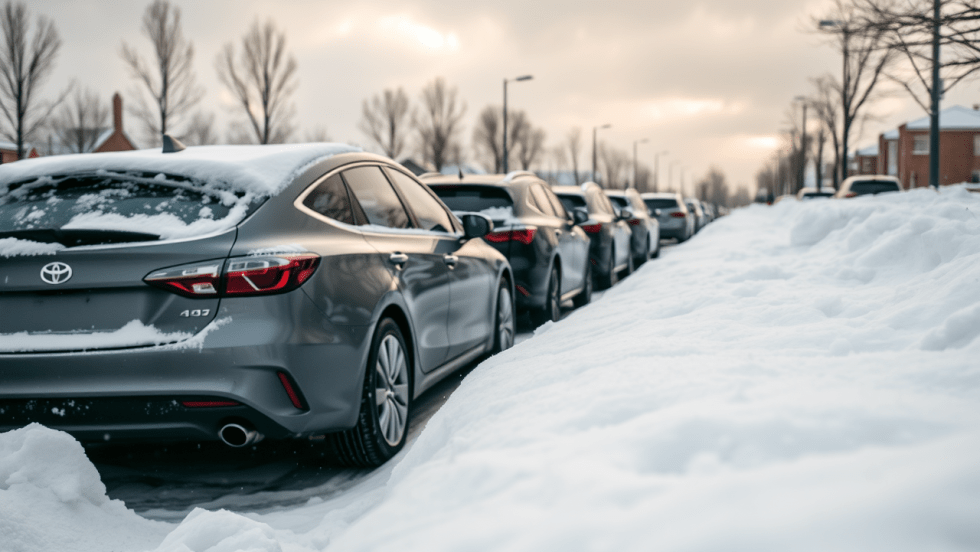 Image générée par l'intelligence artificielle montrant des véhicules stationnés en bordure de rue en hiver.