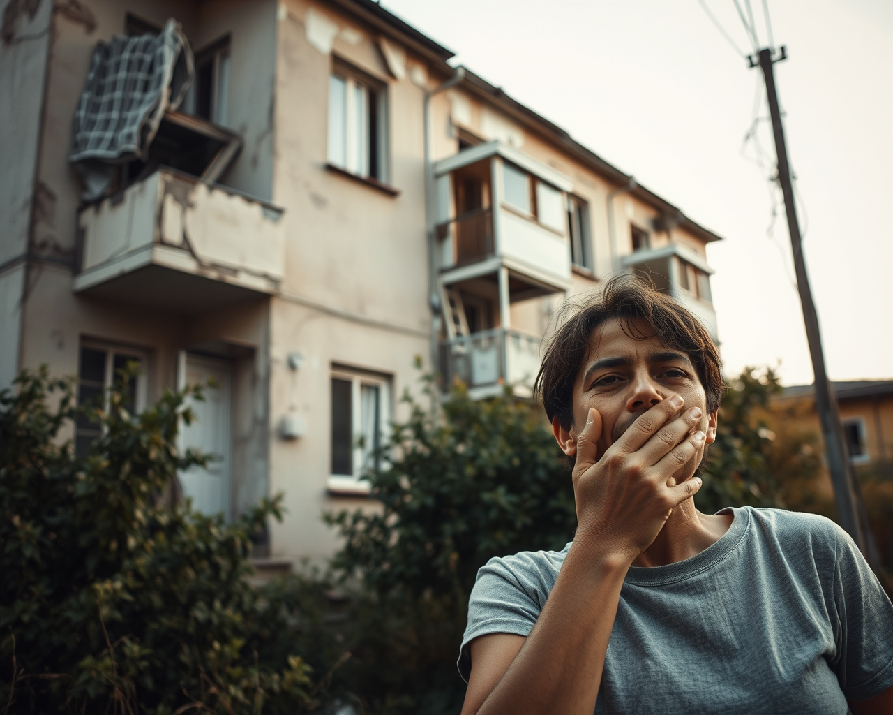 Un homme place sa main devant sa bouche, signe d'un problème respiratoire. Il se trouve devant un logement insalubre.