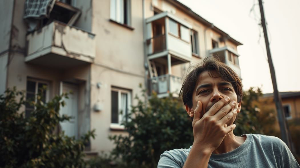 Un homme place sa main devant sa bouche, signe d'un problème respiratoire. Il se trouve devant un logement insalubre.