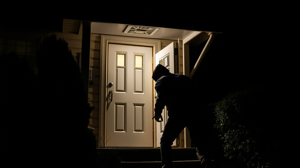 Image générée par l'intelligence artificielle d'un cambrioleur qui entre par effraction dans une maison.