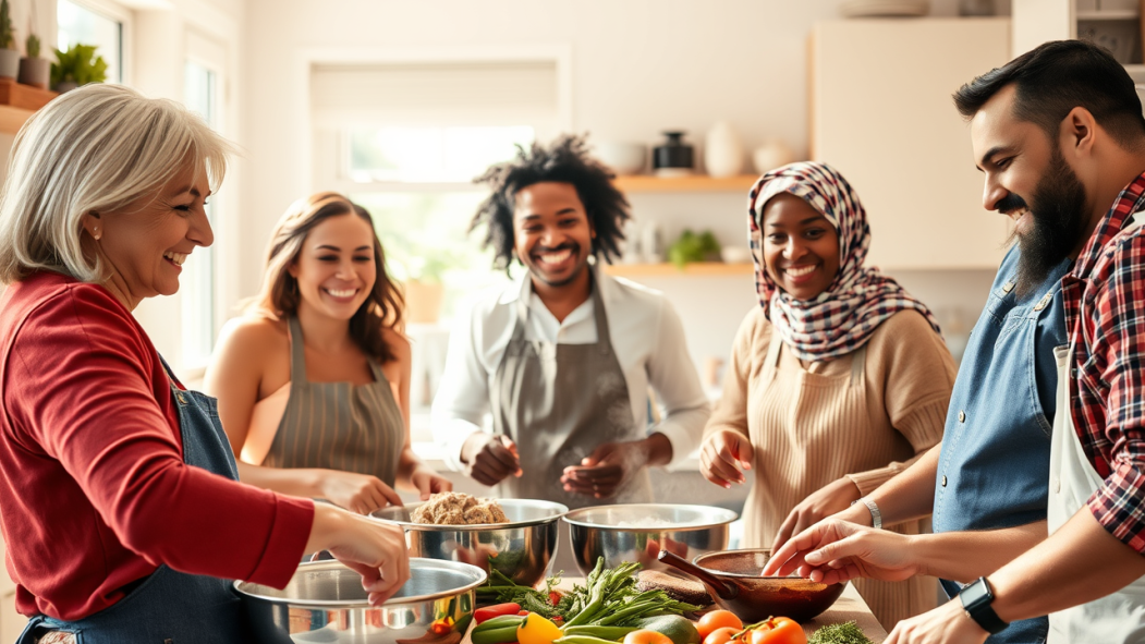 Image générée par l'intelligence artificielle montrant des personnes d'origines ethniques diverses cuisinant ensemble dans une cuisine collective.