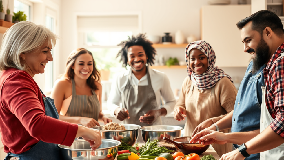 Image générée par l'intelligence artificielle montrant des personnes d'origines ethniques diverses cuisinant ensemble dans une cuisine collective.