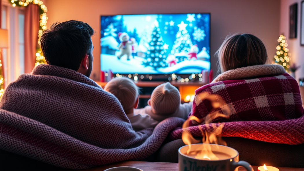Une famille est installée devant la télé et écoute un film de Noël.