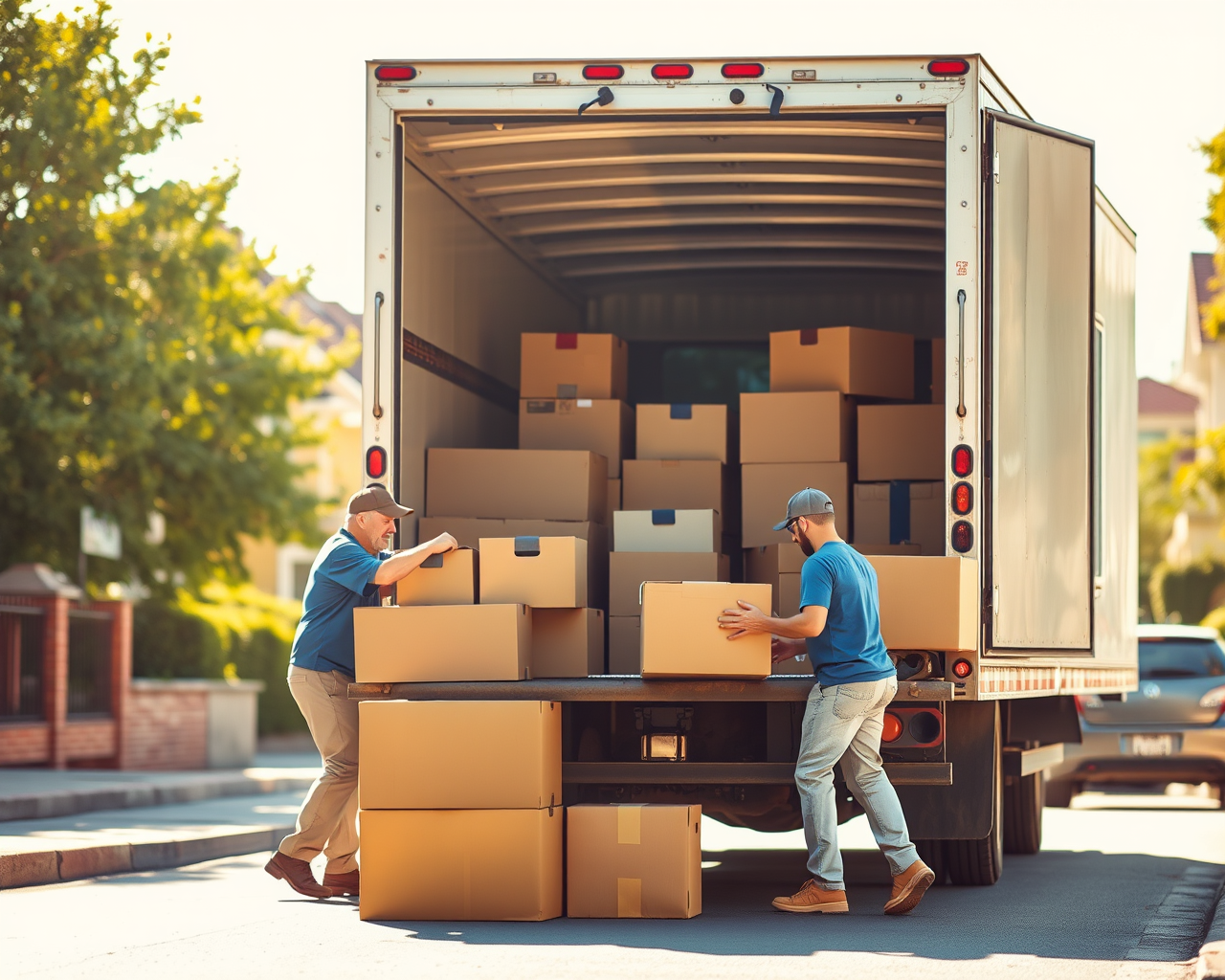 Des déménageurs remplissent un camion de déménagement dans un quartier ensoleillé.