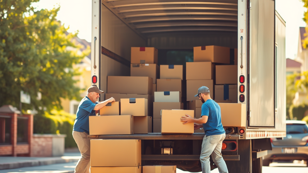 Des déménageurs remplissent un camion de déménagement dans un quartier ensoleillé.