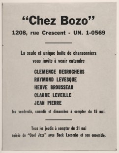 Affiche annon&ccedil;ant un spectacle de Cl&eacute;mence Desrochers, Raymond L&eacute;vesque, Herv&eacute; Brousseau, Claude L&eacute;veill&eacute; et Jean-Pierre Ferland &agrave; la bo&icirc;te &agrave; chanson Chez Bozo.