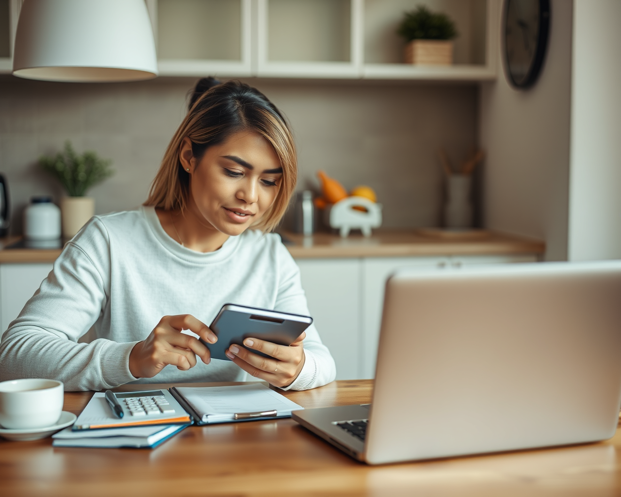 Une femme utilise une calculatrice devant un écran d'ordinateur.