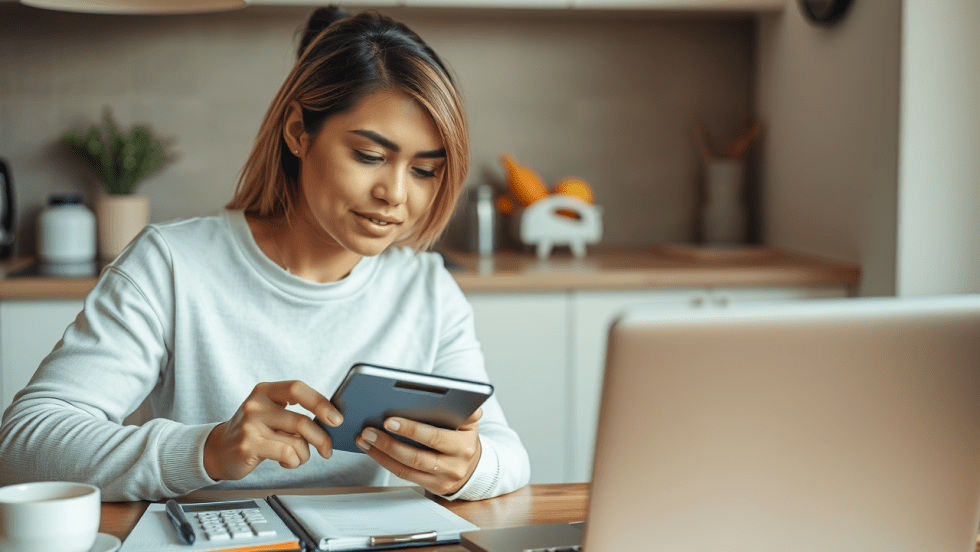 Une femme utilise une calculatrice devant un écran d'ordinateur.