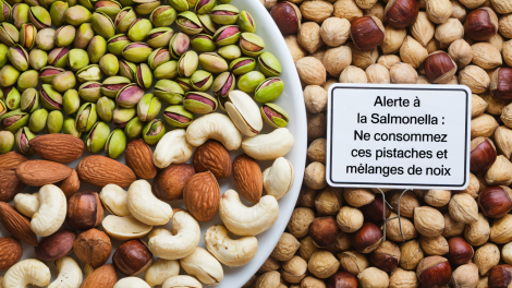 Des pistages et d'autres noix sont dans un bol et étalées sur une table.