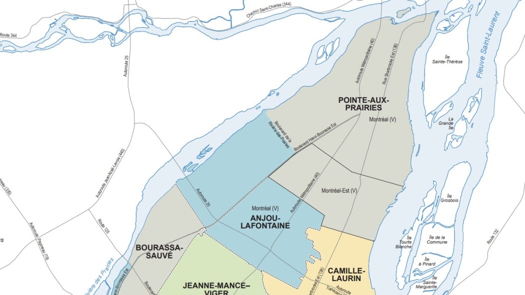 Carte montrant les nouvelles circonscriptions provinciales dans l'Est de Montréal.
