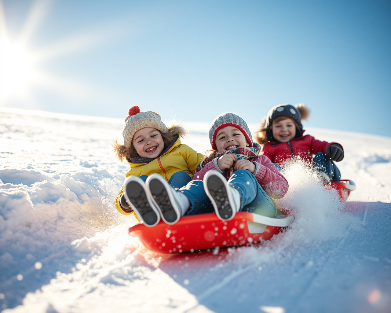 Image générée par l'intelligence artificielle montrant trois enfants qui descendent une pente enneigée en hivrer.
