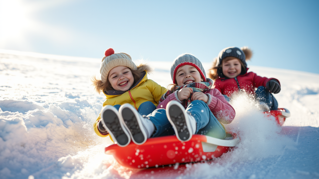 Image générée par l'intelligence artificielle montrant trois enfants qui descendent une pente enneigée en hivrer.