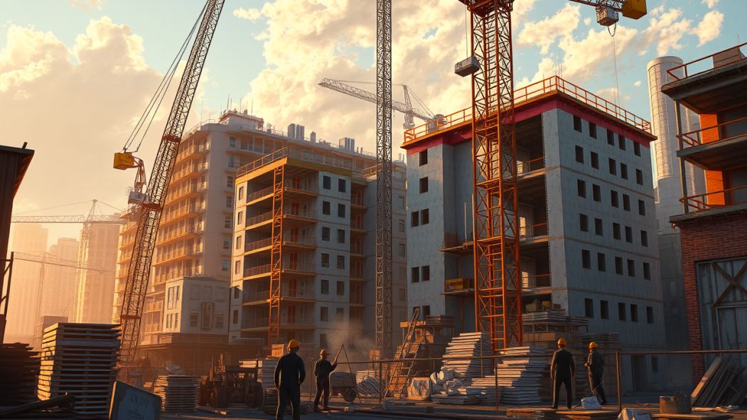 Image générée par l'intelligence artificielle montrant un site de constructrion résidentielle dans un milieu urbain.