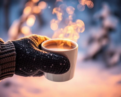 Une main gantée tient un chocolat chaud dehors dans un paysage hivernal.