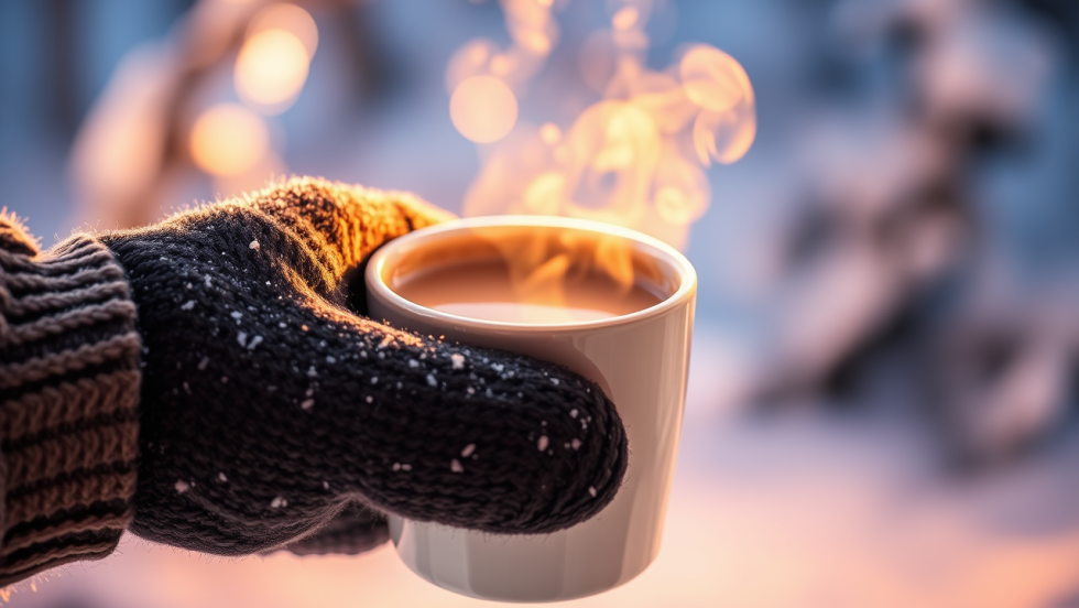 Une main gantée tient un chocolat chaud dehors dans un paysage hivernal.
