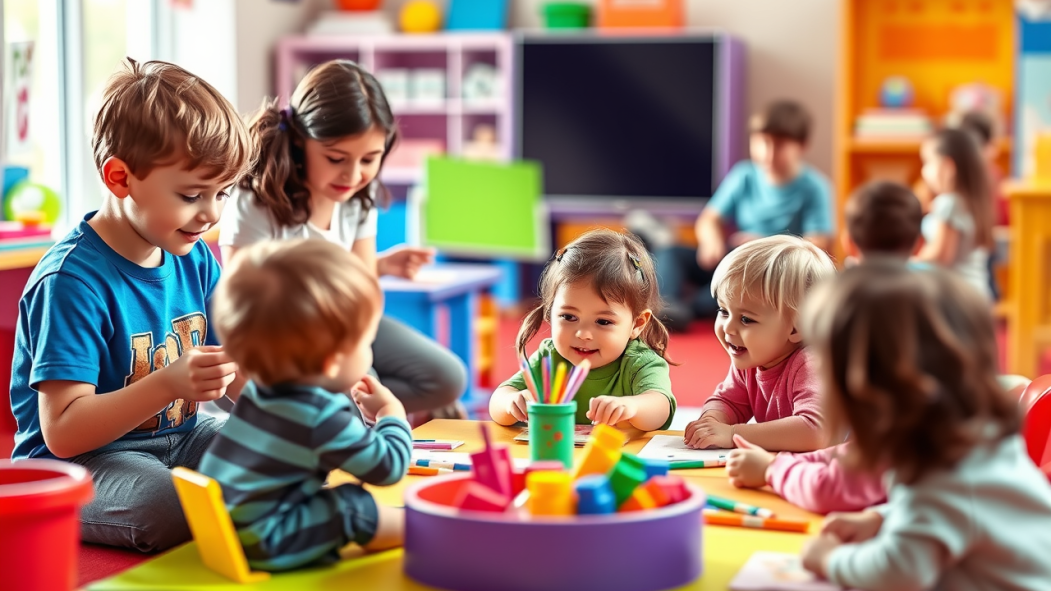Image générée par l'intelligence artificielle montrant des enfants jouant dans un environnement de pré-maternelle.