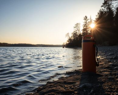 Image générée par l'intelligence artificielle montrant une bouée de sauveteur sur une plage aux abords d'une rivière dans un milieu naturel.