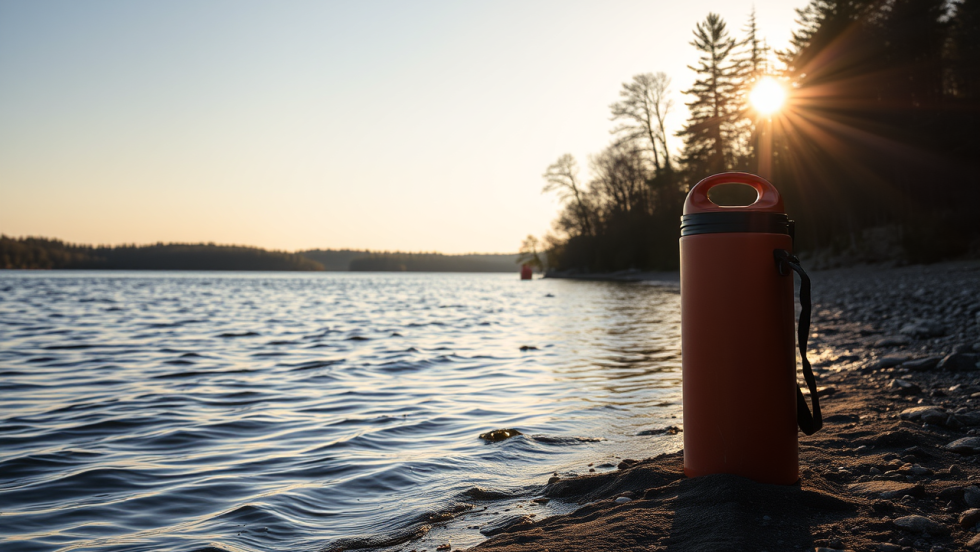Image générée par l'intelligence artificielle montrant une bouée de sauveteur sur une plage aux abords d'une rivière dans un milieu naturel.