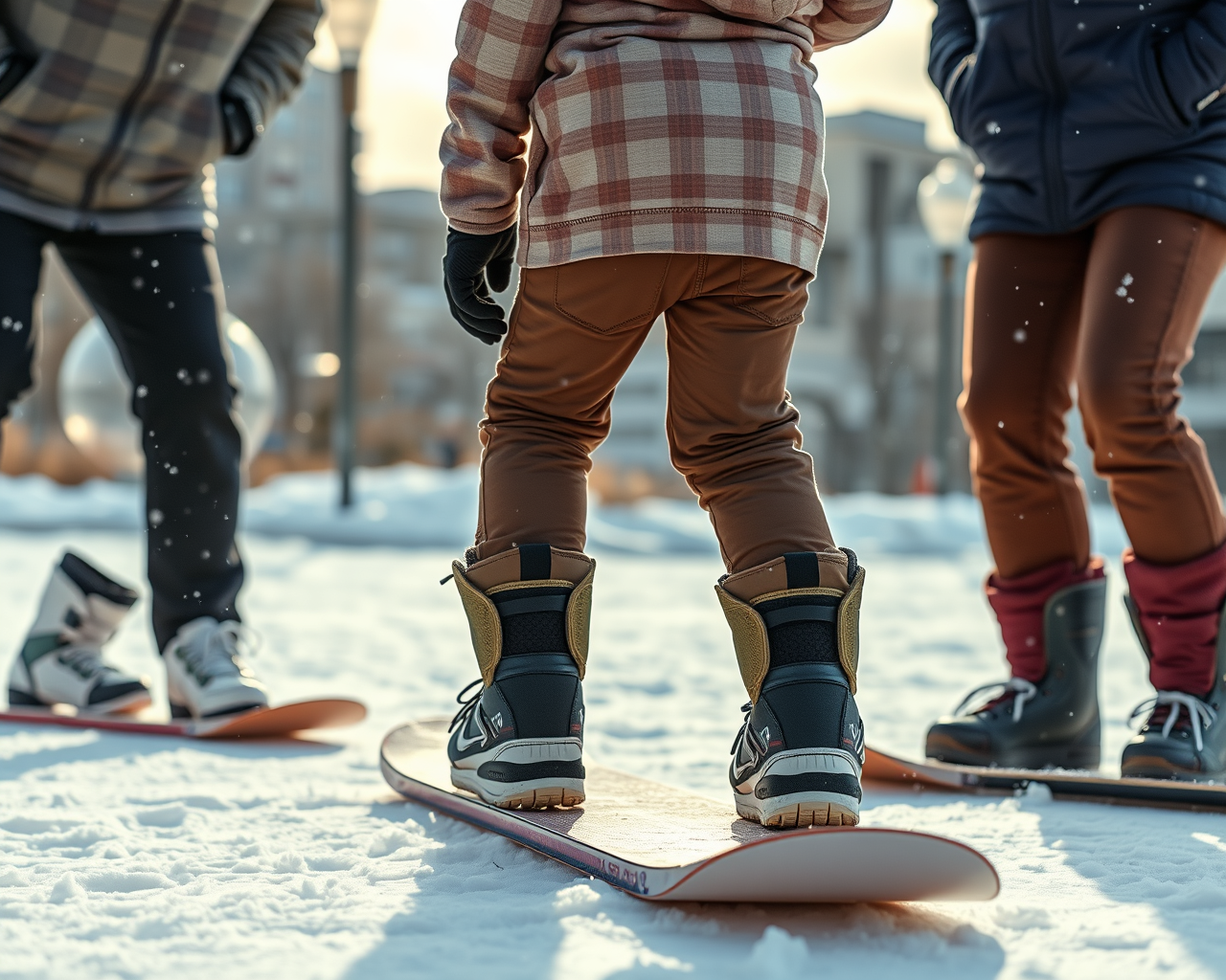 Des jeunes apprennent le snowboard dans un parc.