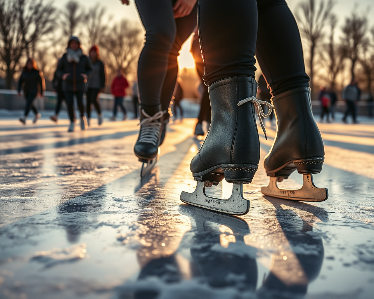 Image générée par l'intelligence artificielle montrant des individus patinant sur une glace extérieure.