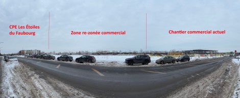 Image panoramique du terrain vis&eacute; pour du d&eacute;veloppement commercial au Faubourg Contrecoeur.