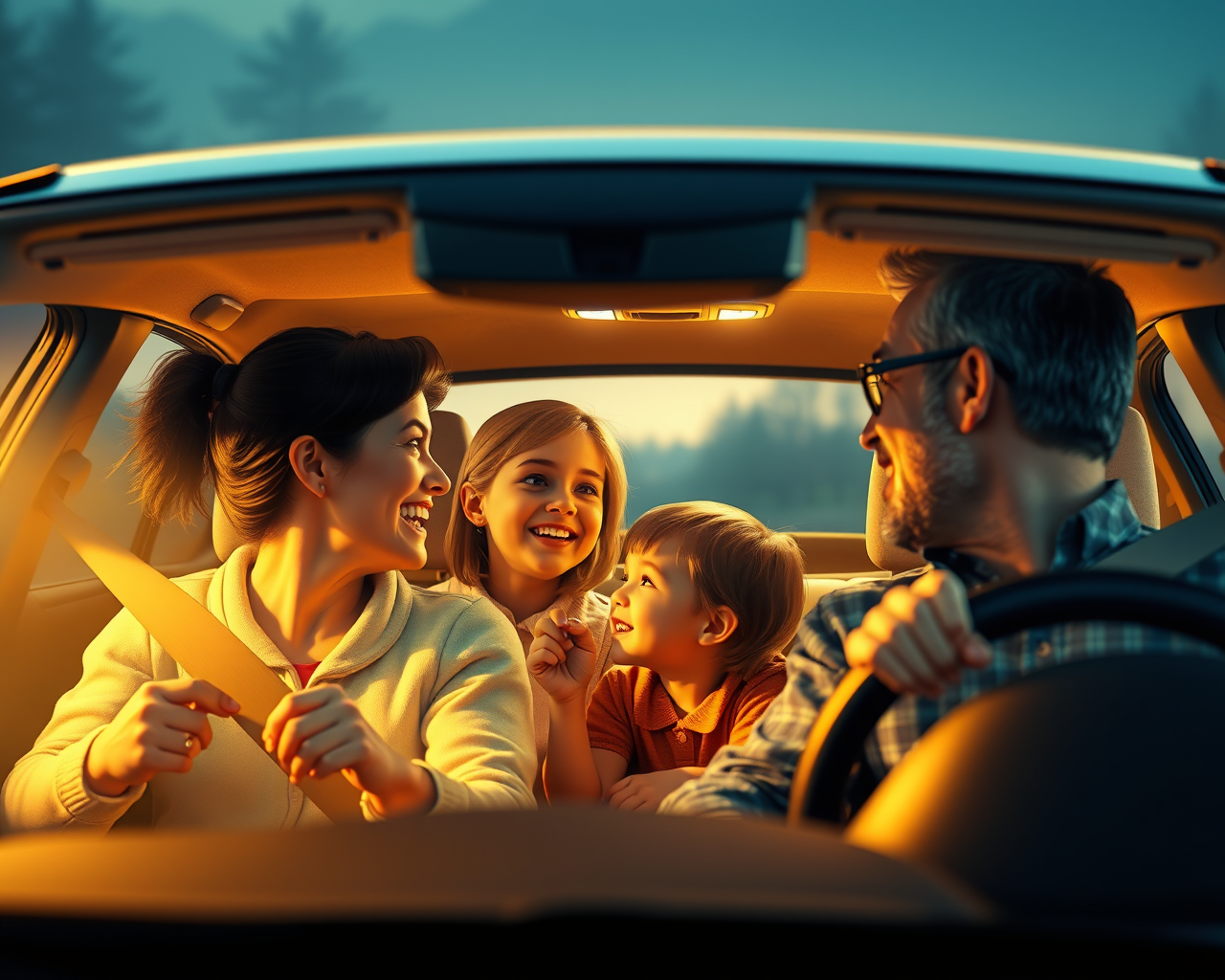 Image générée par l'intelligence artificielle montrant une famille de quatre qui discutent dans une voiture.
