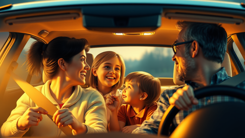 Image générée par l'intelligence artificielle montrant une famille de quatre qui discutent dans une voiture.