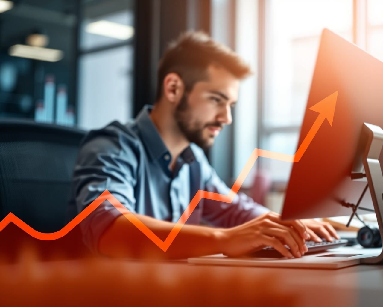 Montage montrant un graphique au-dessus d'un travailleur qui travaille avec un ordinateur.