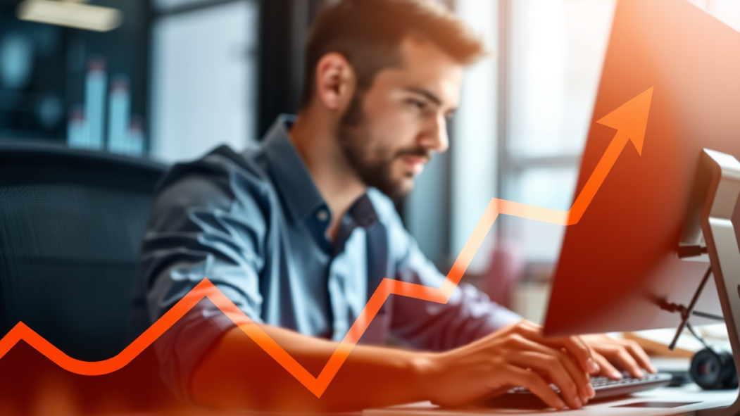Montage montrant un graphique au-dessus d'un travailleur qui travaille avec un ordinateur.