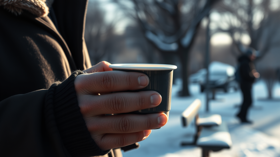 Une personne en situation d'itinérance tient un café dans un parc. Image générée par l'intelligence artificielle.