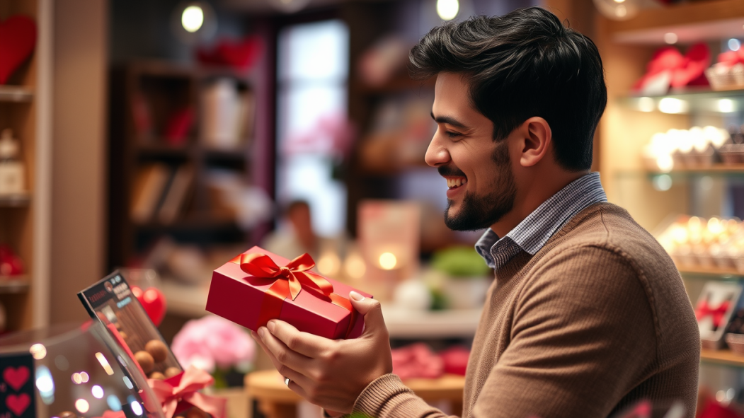 Un homme achète une boîte de chocolats dans une confiserie décorée pour la Saint-Valentin.