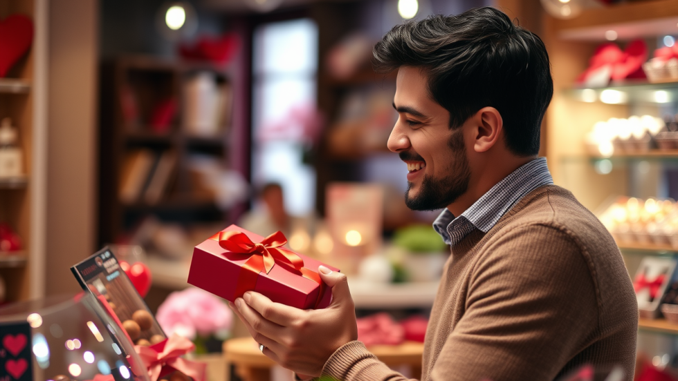 Un homme achète une boîte de chocolats dans une confiserie décorée pour la Saint-Valentin.