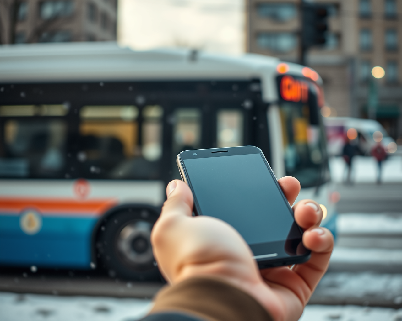 Image générée par l'intelligence artificielle montrant une main tenant un téléphone. En arrière-plan, un autobus circule sur la rue en hiver.