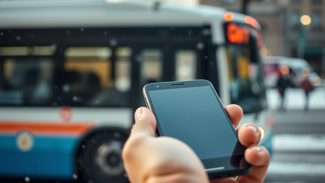 Image générée par l'intelligence artificielle montrant une main tenant un téléphone. En arrière-plan, un autobus circule sur la rue en hiver.