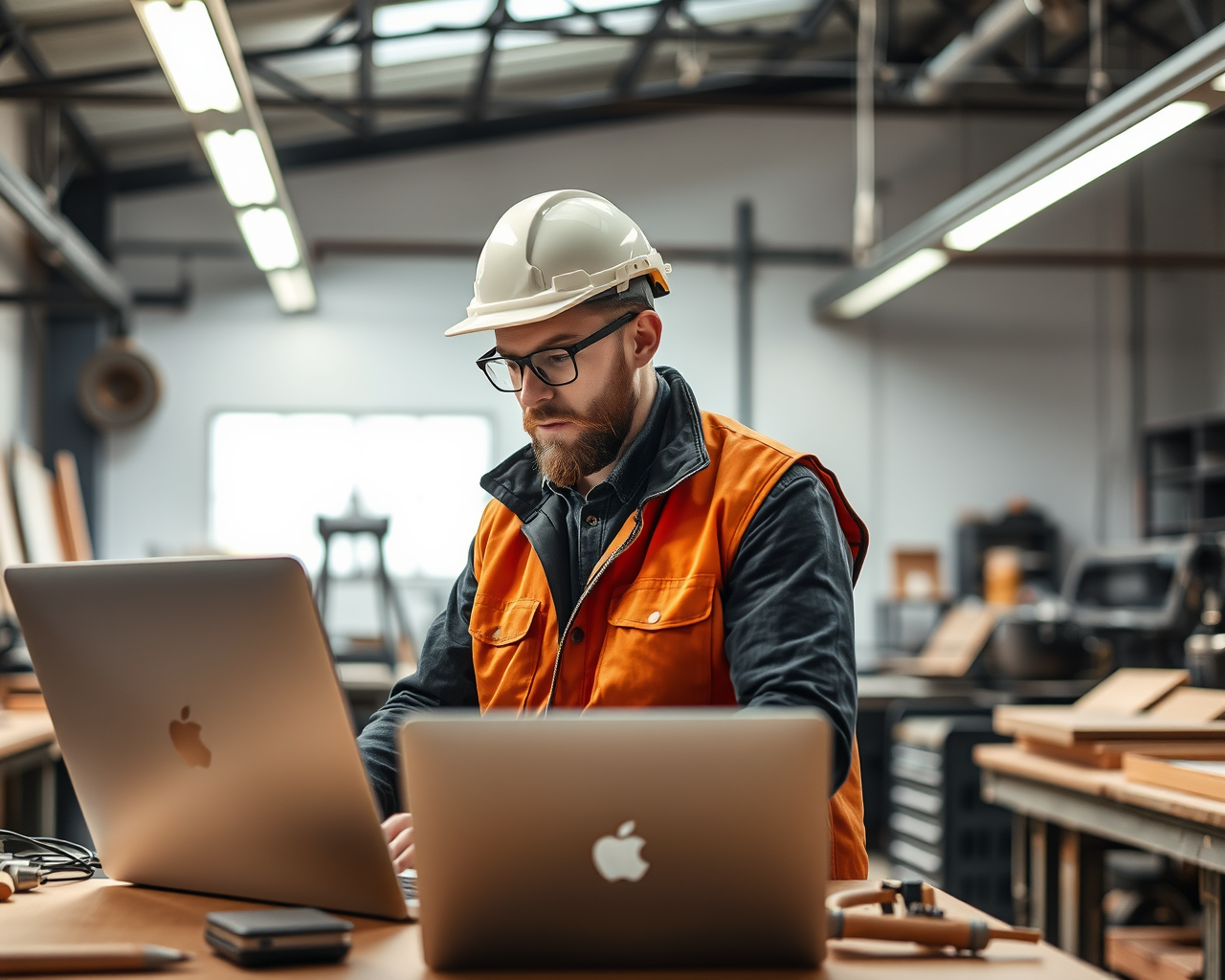 Un homme travaille sur un ordinateur dans un atelier de fabrication.