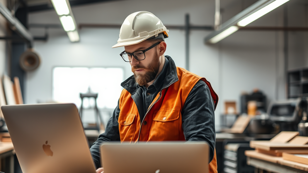 Un homme travaille sur un ordinateur dans un atelier de fabrication.