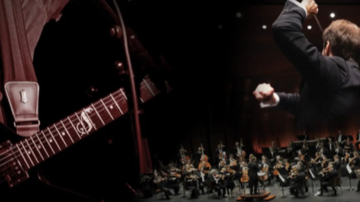 Montage montrant un guitariste métal avec un chef d'orchestre symphonique.