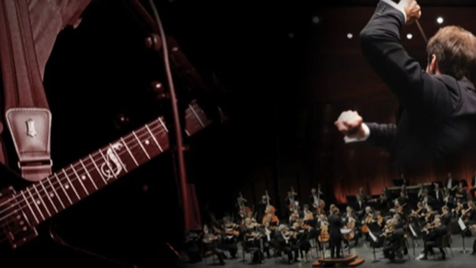 Montage montrant un guitariste métal avec un chef d'orchestre symphonique.