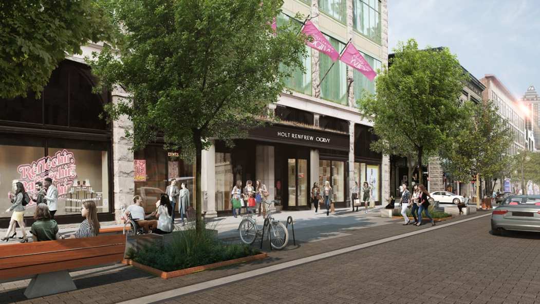 Maquette de l'aménagement futur de la rue Sainte-Catherine Ouest, montrant la rue à la hauteur du magasin Holt Renfrew Ogilvy.