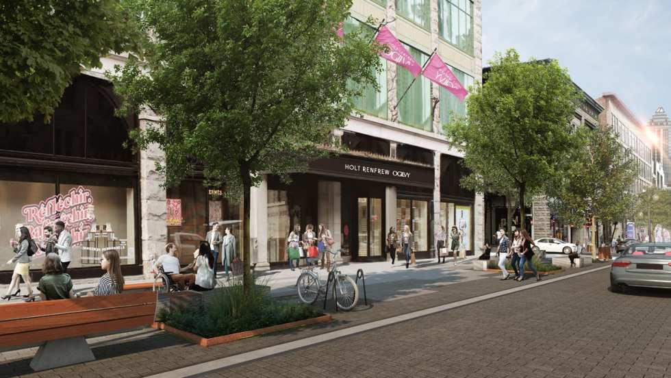 Maquette de l'aménagement futur de la rue Sainte-Catherine Ouest, montrant la rue à la hauteur du magasin Holt Renfrew Ogilvy.