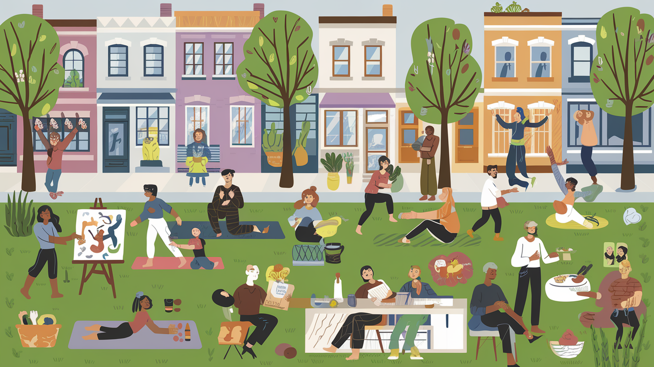 Un dessin de familles jouant dans un espace vert dans un environnement urbain.